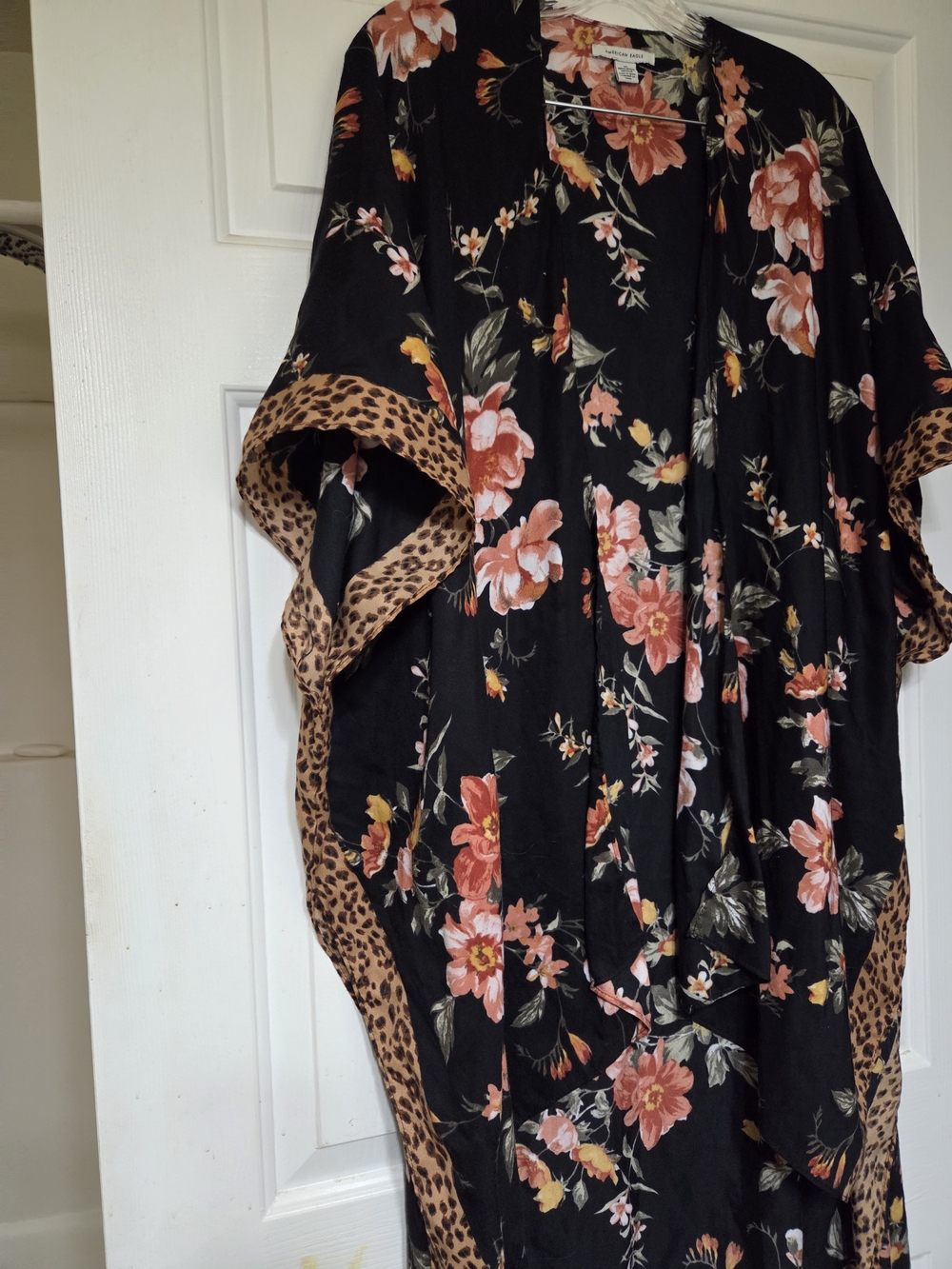 American Eagle Black Floral Open Cardigan with Coral and Yellow Blooms